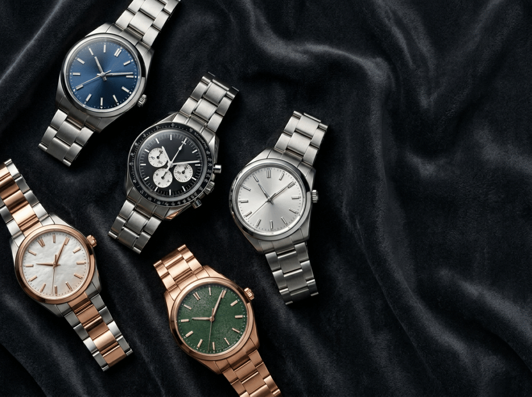 luxury replica watches collection displayed on velvet background