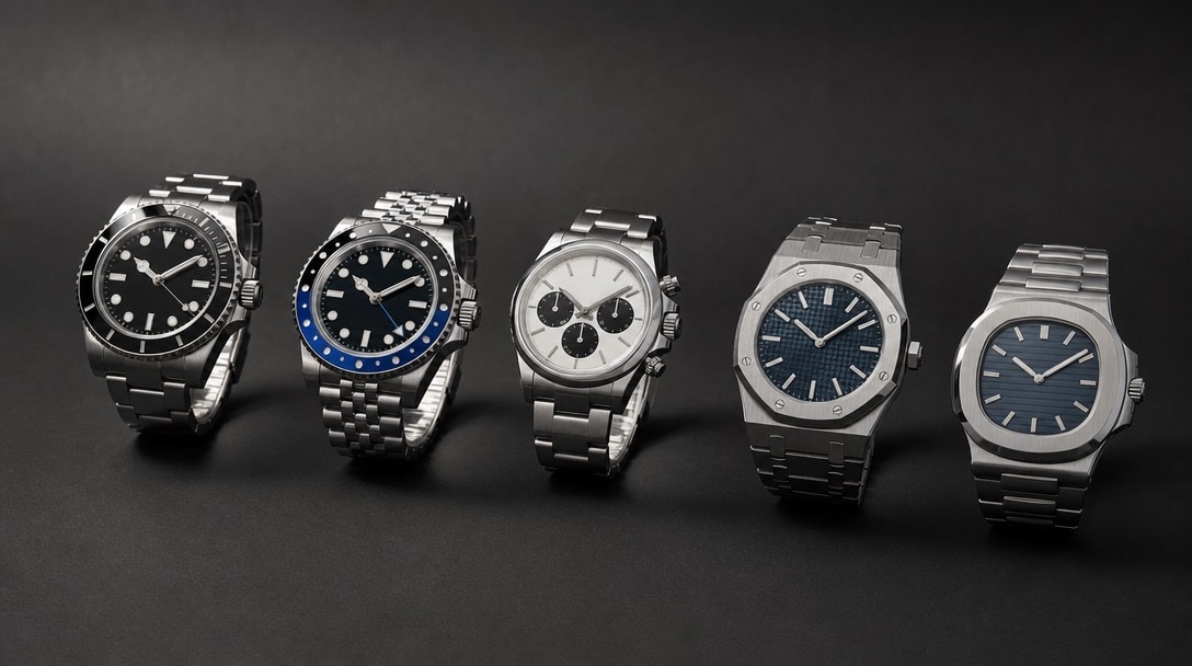 Five stainless steel super clone watches in a row: a ceramic dive watch, a two-tone traveller bezel, a white-dial chronograph, an octagonal-bezel sports watch and a rounded-square integrated-bracelet watch.