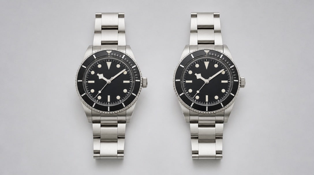 Two stainless steel dive watches with black dials and ceramic bezels lying side by side, photographed from directly overhead, with no visible difference between them.